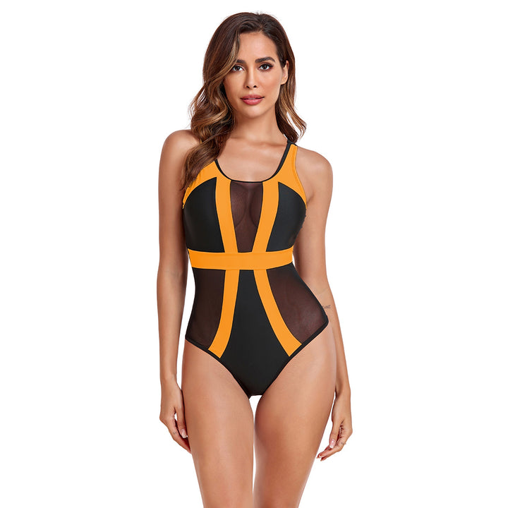 Women's One-Piece Swimsuit with Transparent Mesh Inserts and Stylish Color Block StylebySassy