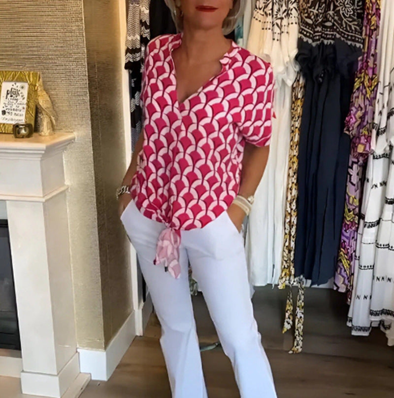 Women’s short-sleeved geometric blouse shirt with knot waistband and stand-up collar StylebySassy