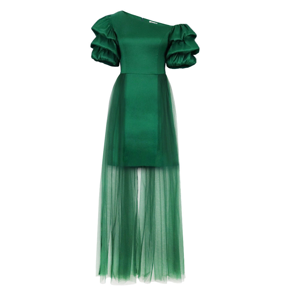 Women Elegant Tulle Dress with Asymmetrical Neckline and Voluminous Puff Sleeves StylebySassy