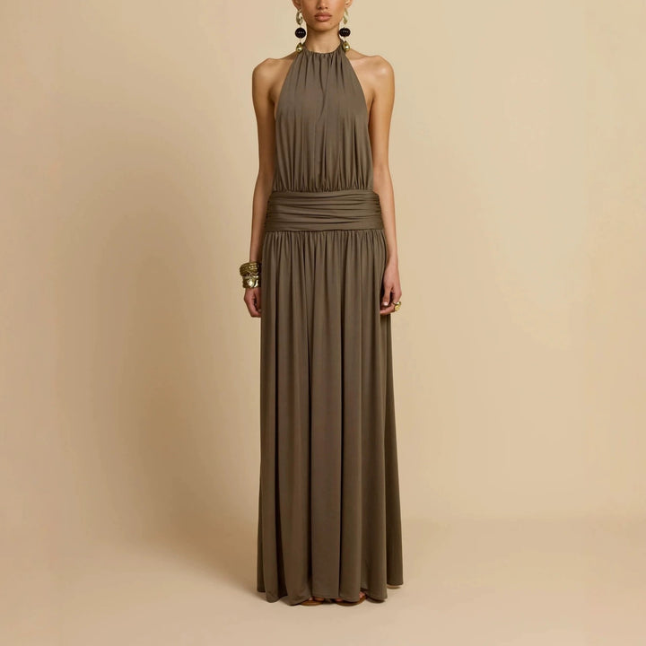 Women Elegant Maxi Dress with High Neck Halter