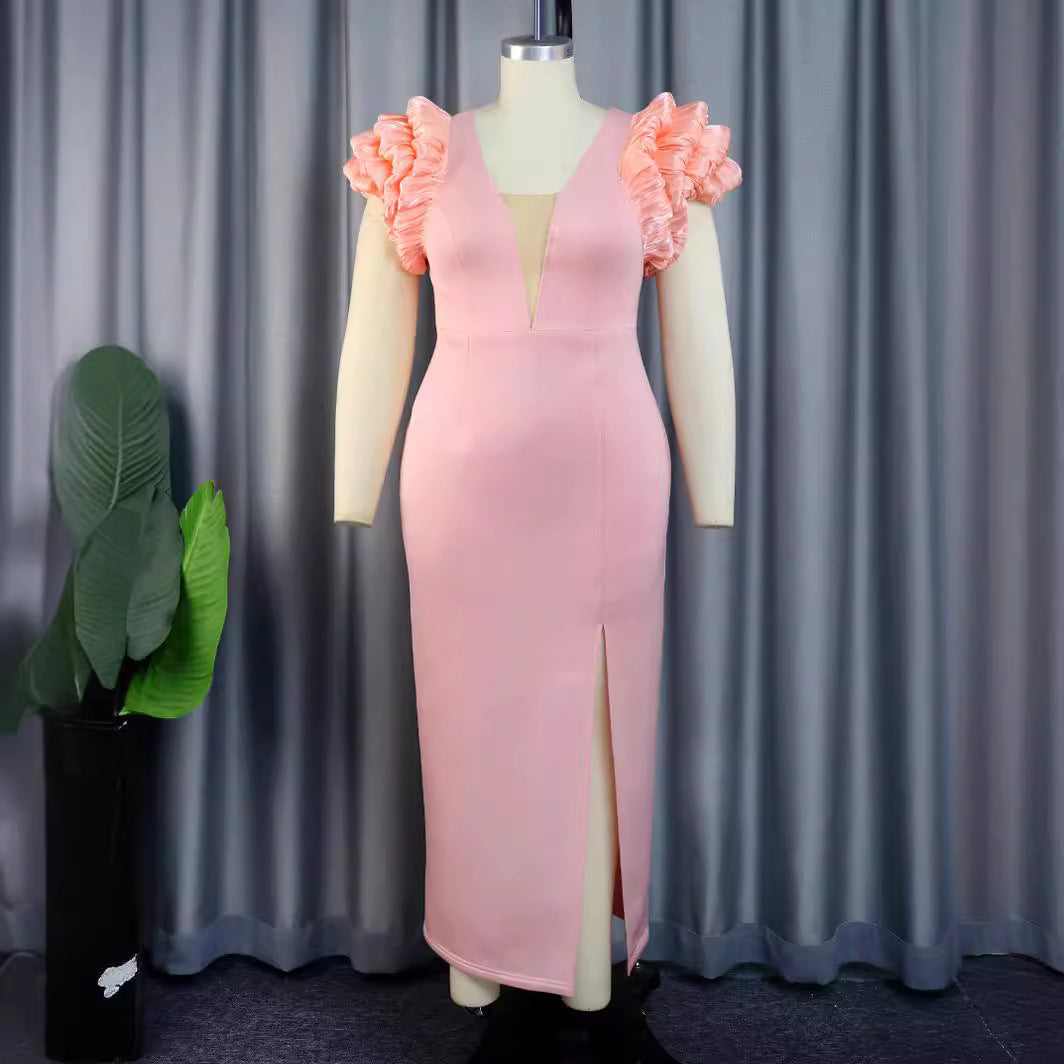 Women’s maxi dress with extravagant ruffle and deep V-neck StylebySassy