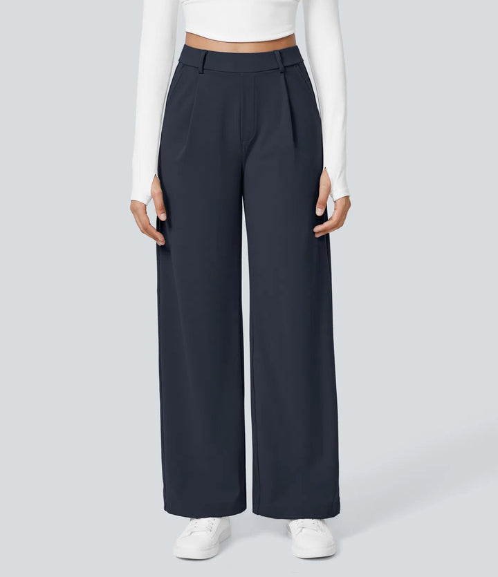 Ladies high-waisted pleated trousers with wide leg, belt loops and side pockets StylebySassy