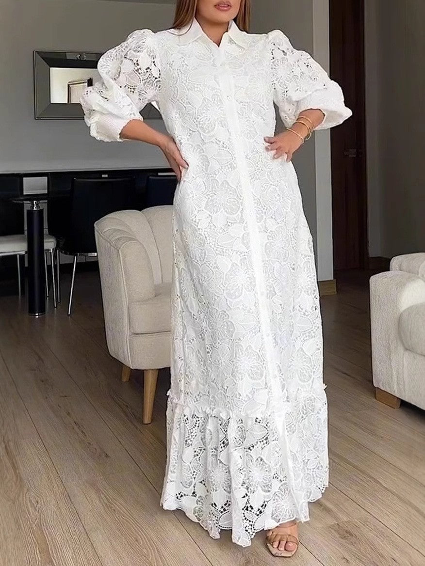 Ladies' maxi dress made of lace with shirt collar and puff sleeves StylebySassy