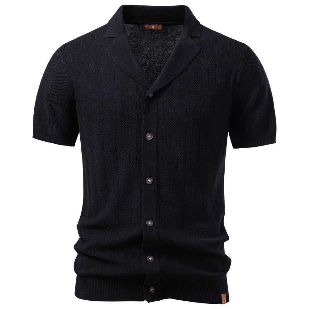 Men's short sleeve knitted cardigan with lapel collar and fine textured knit StylebySassy