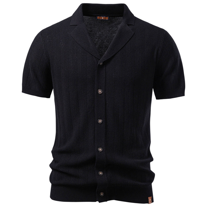 Men's short sleeve knitted cardigan with lapel collar and fine textured knit StylebySassy