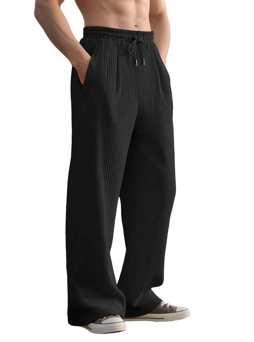 Men's straight cut corduroy velour pants with drawstring waistband, metal drawstring ends, and deep side pockets StylebySassy