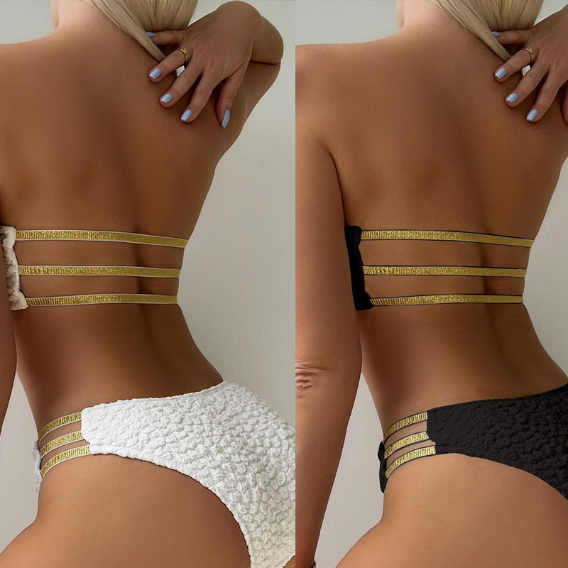 Ladies bandeau bikini with fashionable ripple pattern and elegant embellishments StylebySassy