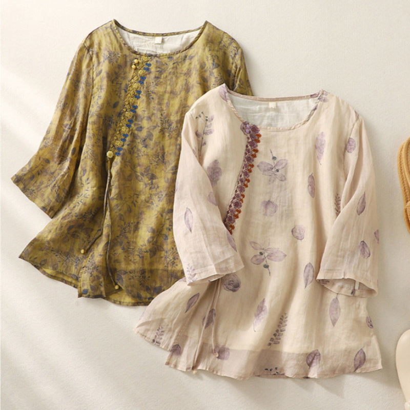 Women's Printed Short Sleeve Blouse with Button Front