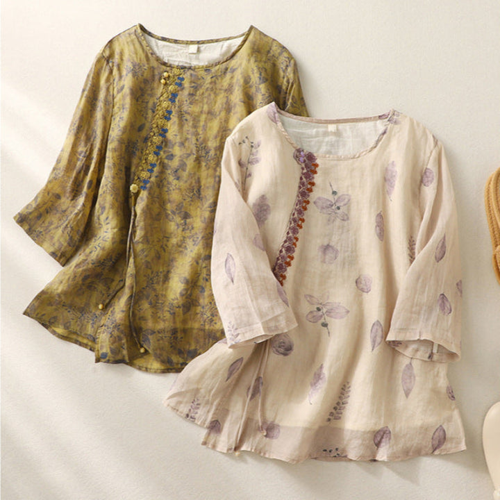 Women's Printed Short Sleeve Blouse with Button Front