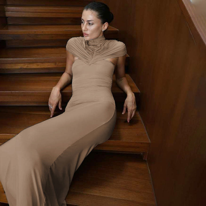 Women Elegant floor-length dress with intricate draping details StylebySassy
