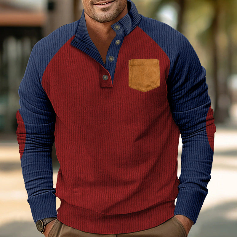 Men's structured half-button knit pullover in cord look with raglan sleeves, front chest pocket, and elbow patches StylebySassy