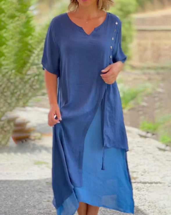 Women’s two-layer layered dress with asymmetric hem and decorative button placket StylebySassy