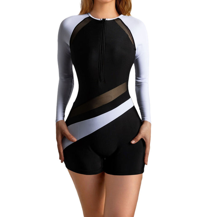 Women's Sporty Long Sleeve Bathing Suit with Stylish Color Block Design StylebySassy