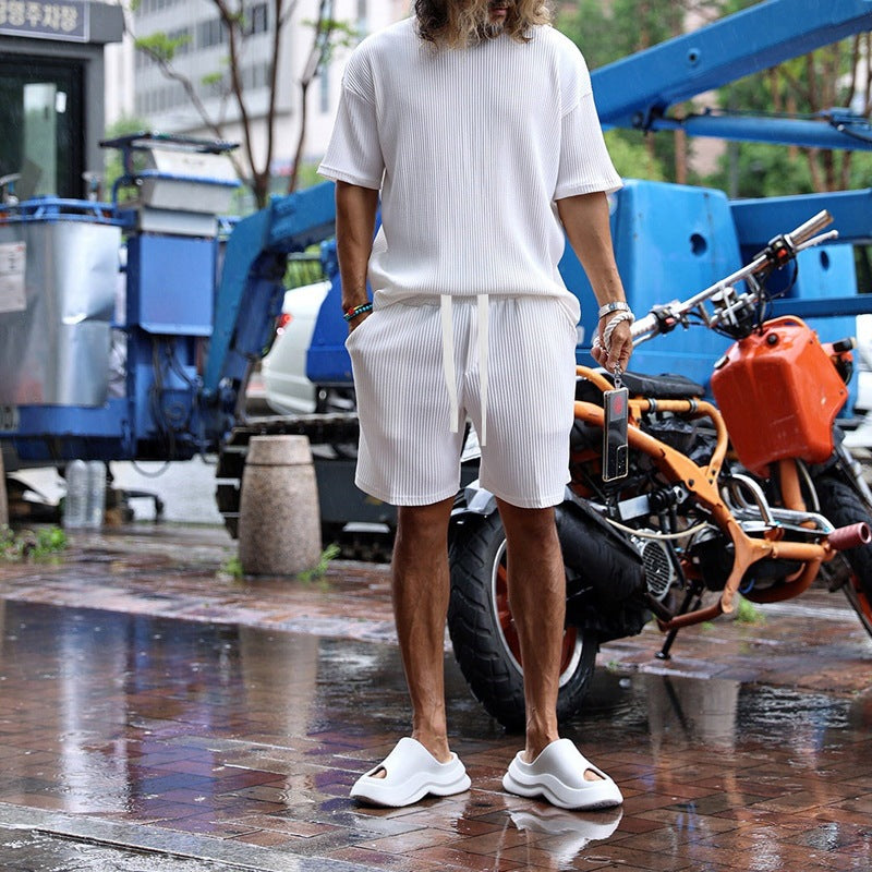 Men's casual waffle jersey set with loose top and drawstring shorts StylebySassy