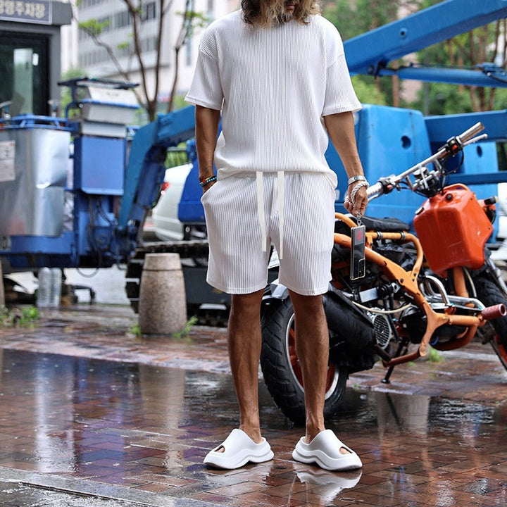 Men's casual waffle jersey set with loose top and drawstring shorts StylebySassy