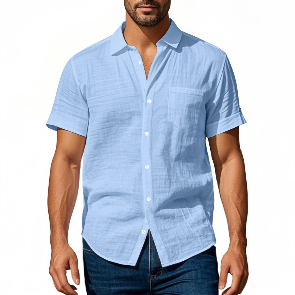 Men's short-sleeved casual shirt made of linen blend with chest pocket and rounded hem StylebySassy