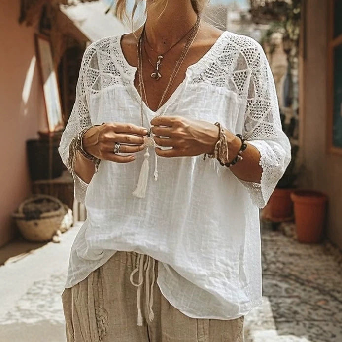 Women's fall loose tunic blouse in Boho style with crocheted shoulder and sleeve details StylebySassy