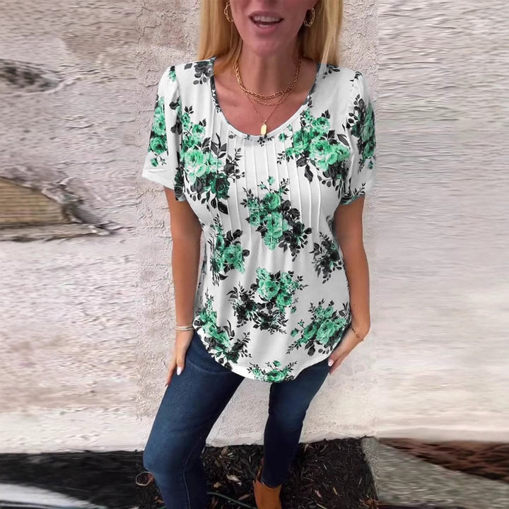 Ladies cropped short sleeve blouse shirt with box pleats and floral print StylebySassy