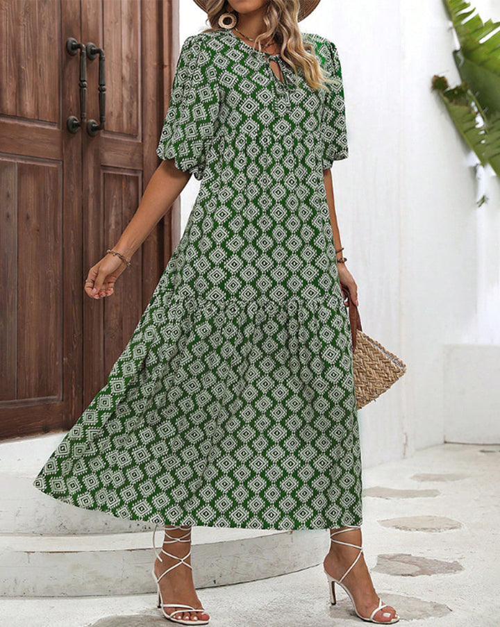 Women’s airy maxi dress with geometric ethnic print, gathered tiered skirt and keyhole neckline StylebySassy