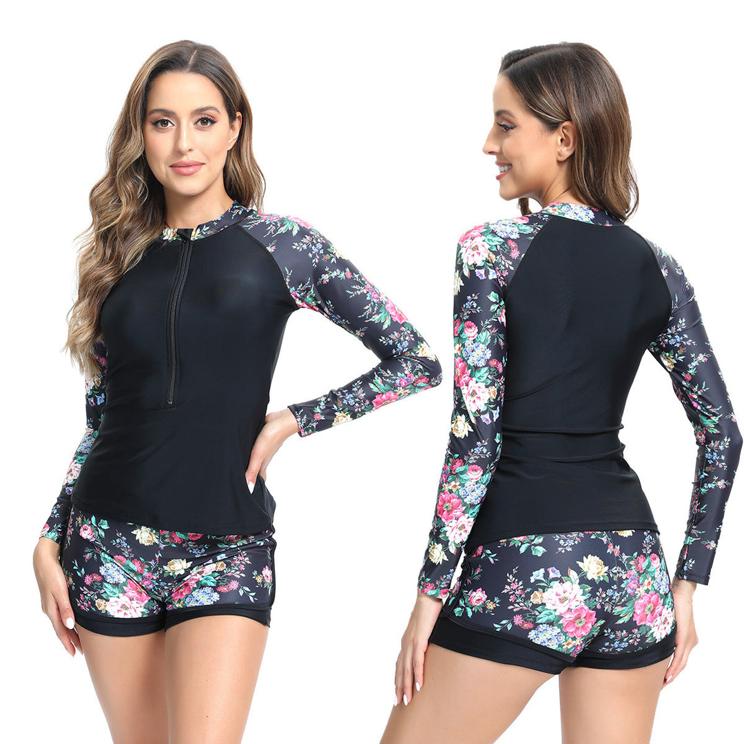 Women's functional swimsuit with floral long-sleeve top and short StylebySassy