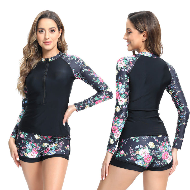 Women's functional swimsuit with floral long-sleeve top and short StylebySassy