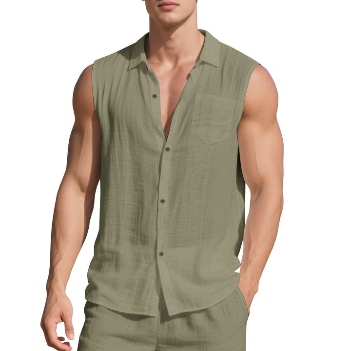 Men's sleeveless linen shirt with lapel collar, chest pocket and continuous button placket StylebySassy