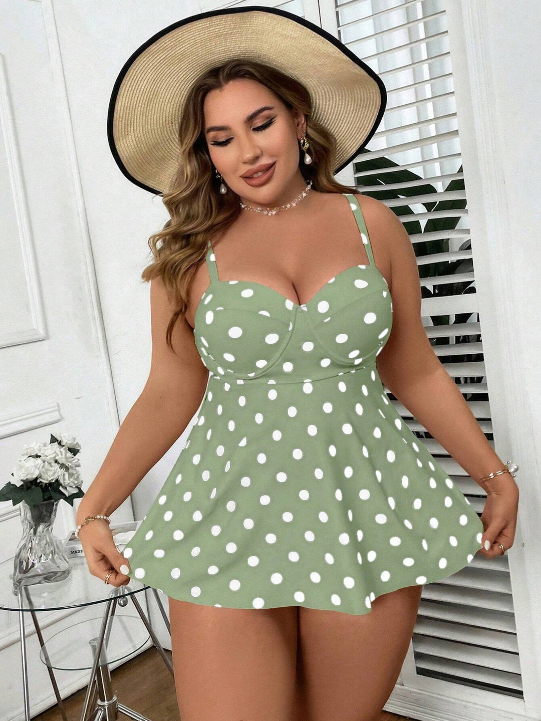 Women's tankini with form-fitting skirt and polka dots StylebySassy