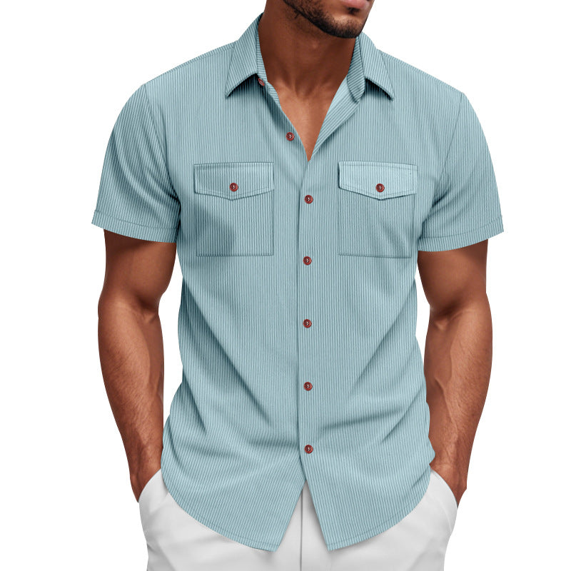 Men's casual short-sleeve shirt with lapel collar, patch flap pockets and fine pinstripe texture StylebySassy