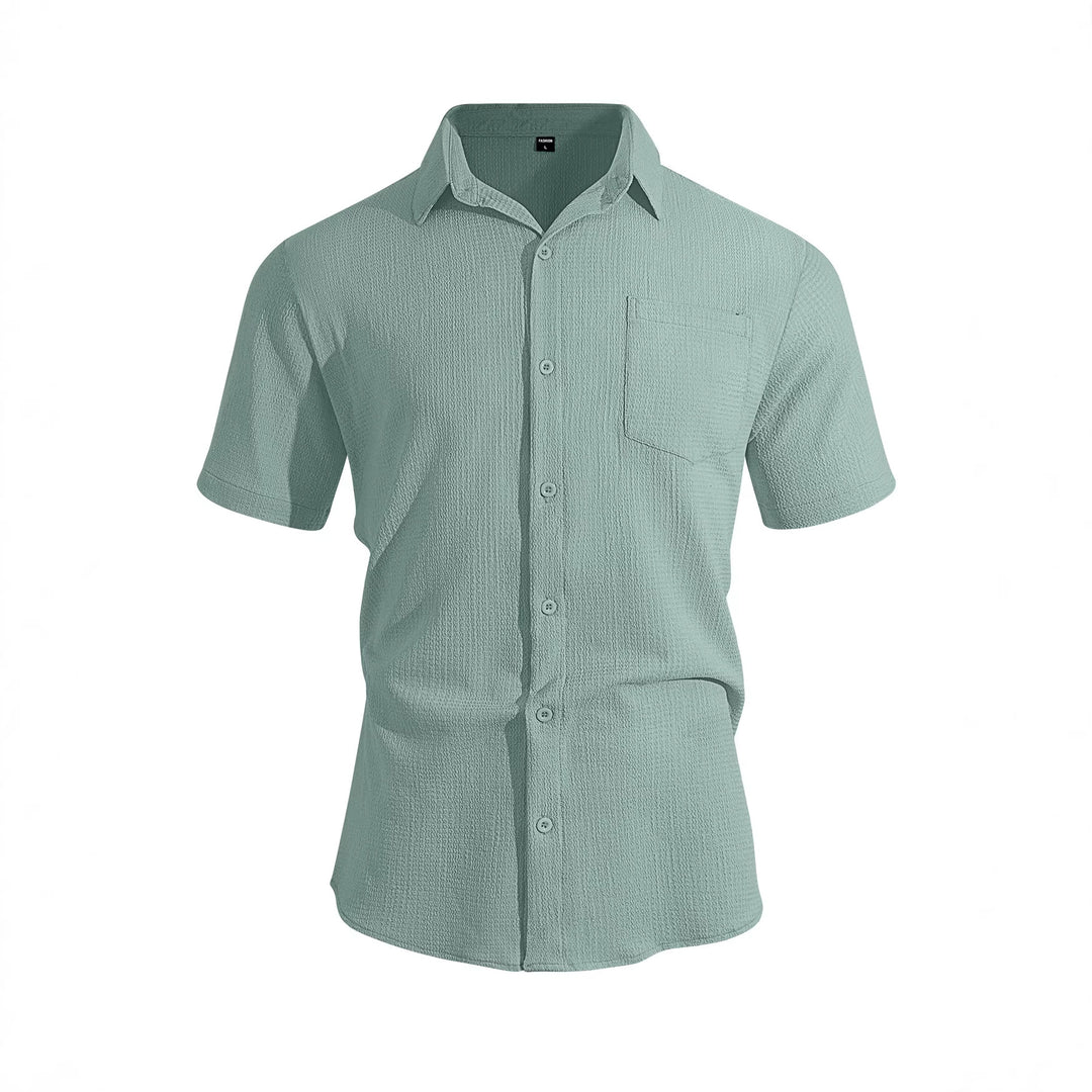 Men's short-sleeve shirt in textured cotton yarn look with Kent collar and applied breast pocket StylebySassy