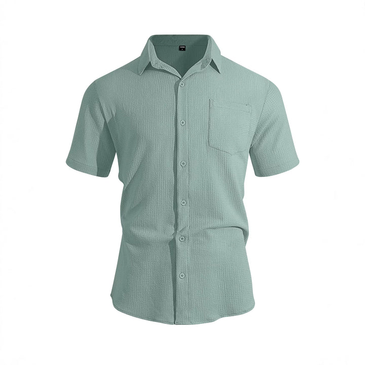 Men's short-sleeve shirt in textured cotton yarn look with Kent collar and applied breast pocket StylebySassy