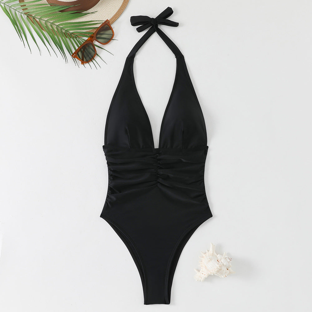Women's high-cut swimsuit with elegant V-neckline and playful ruffle detail StylebySassy