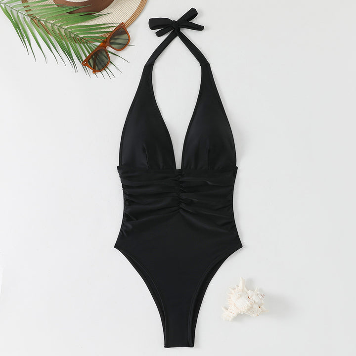 Women's high-cut swimsuit with elegant V-neckline and playful ruffle detail StylebySassy