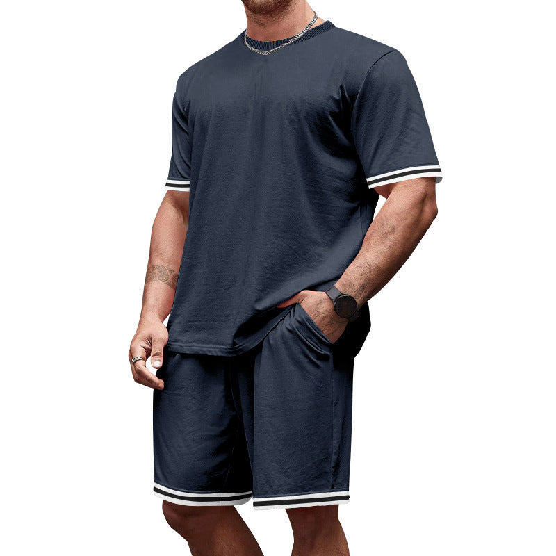 Men's casual jersey set consisting of short-sleeve shirt and bermuda shorts with contrasting stripes, elastic waistband, and insert pockets StylebySassy