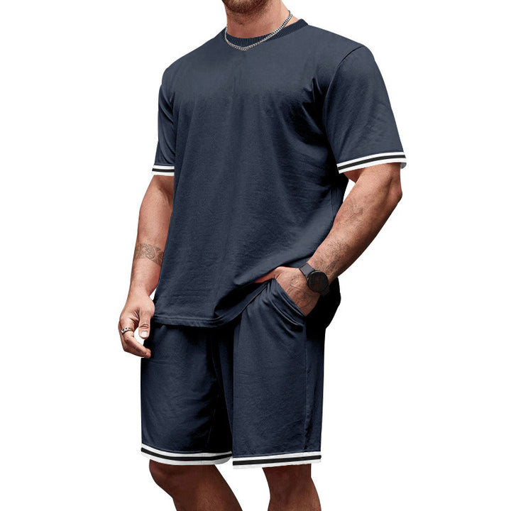 Men's casual jersey set consisting of short-sleeve shirt and bermuda shorts with contrasting stripes, elastic waistband, and insert pockets StylebySassy