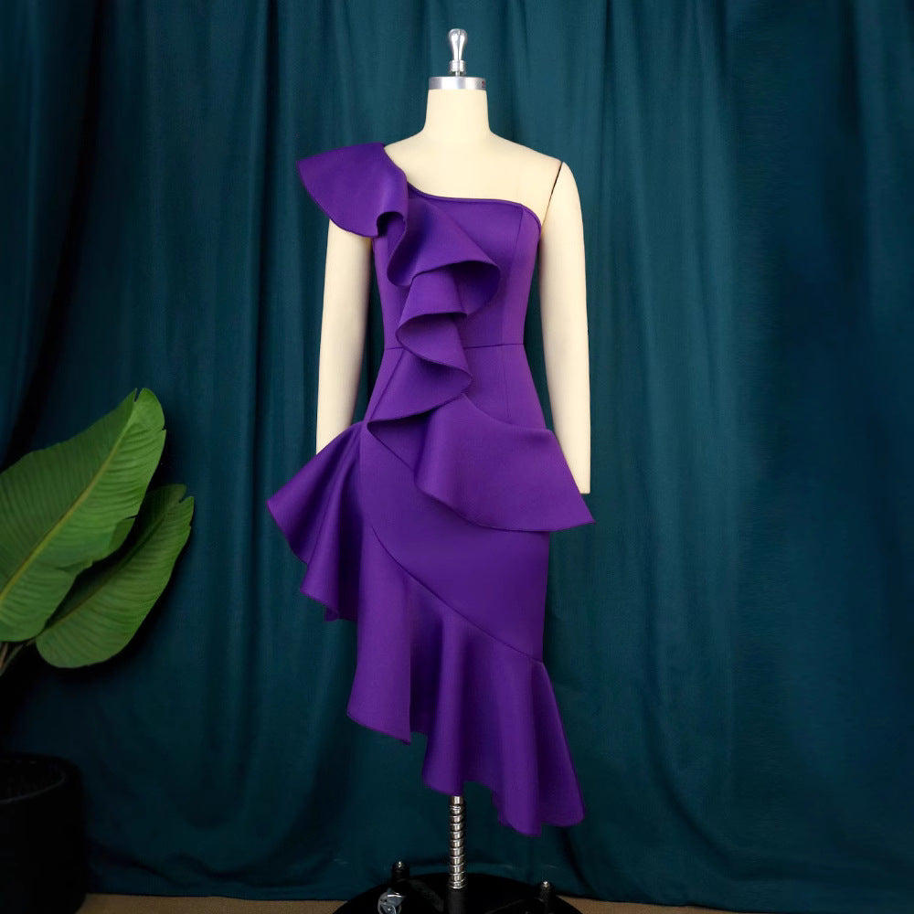 Women Elegant Maxi Dress with Asymmetrical Ruffle Design StylebySassy