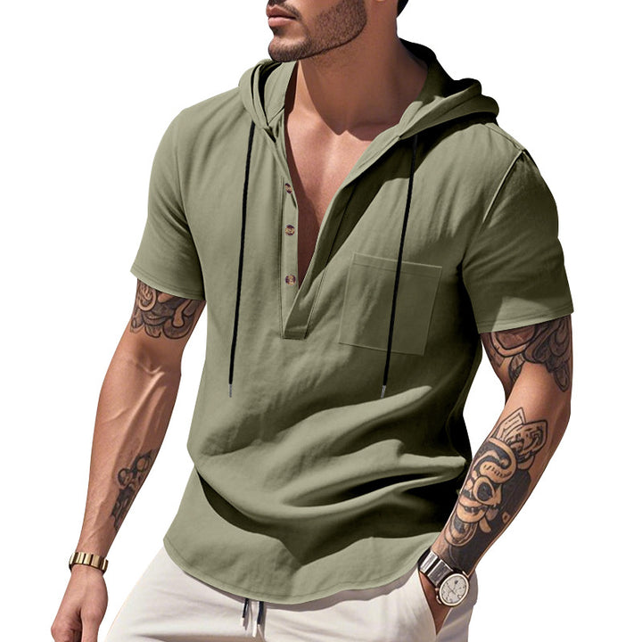 Men's lightweight short-sleeve hooded Henley made of single jersey with chest pocket and contrast drawstring StylebySassy