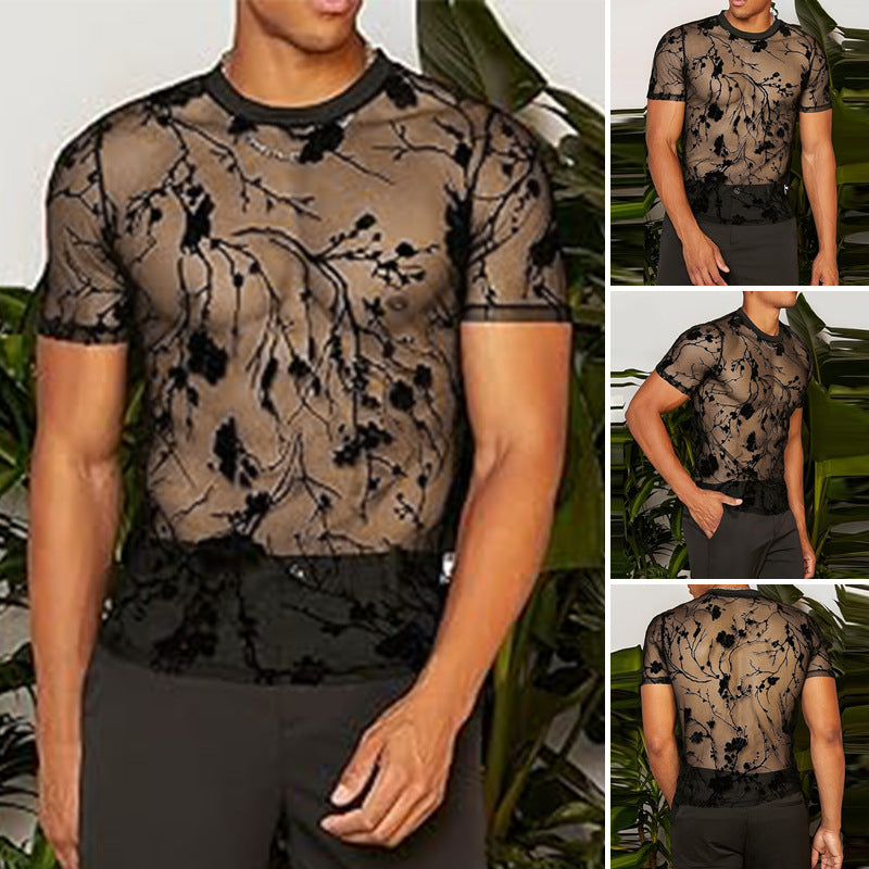 Women's nano transparent mesh top with floral velvet embroidery and round neckline StylebySassy