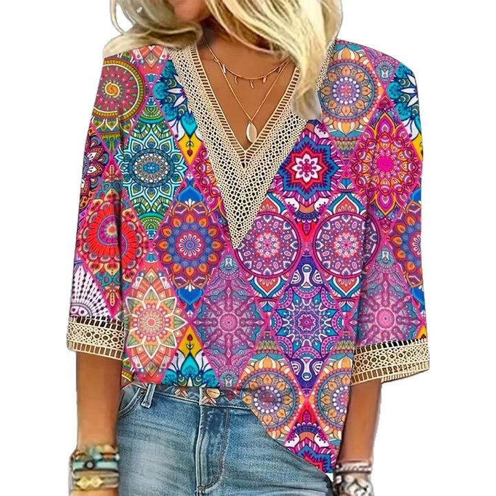 Women's nano locker falling Mandala patchwork tunic with deep V-neckline and crochet lace trim StylebySassy