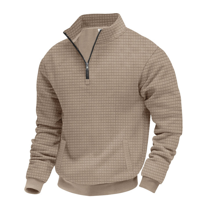 Men's waffle texture half-zip pullover with stand-up collar and subtle side pockets StylebySassy