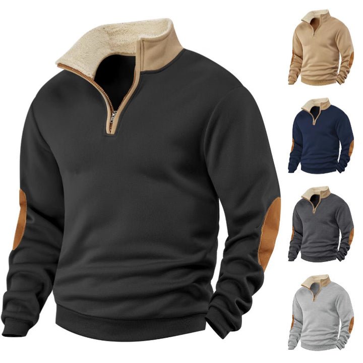 Men's Sherpa-lined half-zip pullover with stand-up collar and leather elbow patches StylebySassy