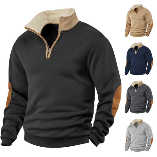 Men's Sherpa-lined half-zip pullover with stand-up collar and leather elbow patches StylebySassy