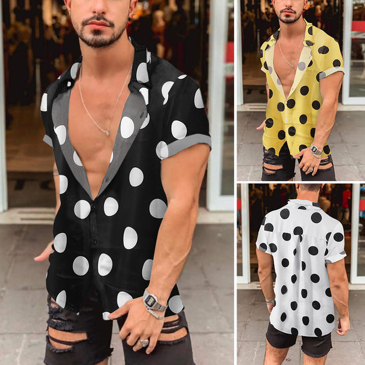 Men's short-sleeved shirt with large polka dot print, deep lapel collar and open button placket StylebySassy