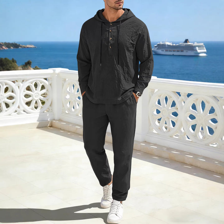 Men's relaxed hoodie Henley leisure suit made of lightweight cotton blend with linen look, featuring drawstring and elastic waistband pants StylebySassy
