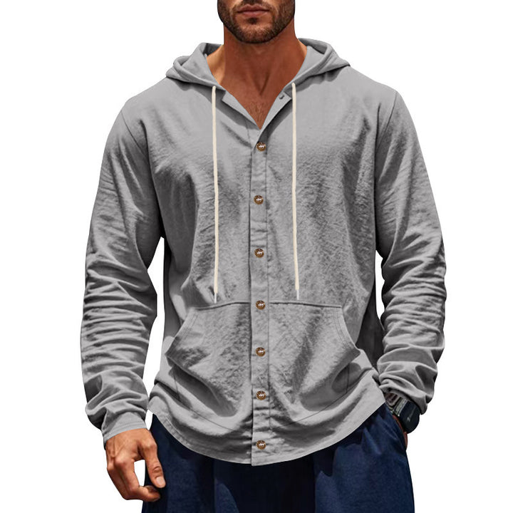 Men's slim-fit hoodie cardigan with full button placket, mounted kangaroo pocket, and lightweight structured knit StylebySassy