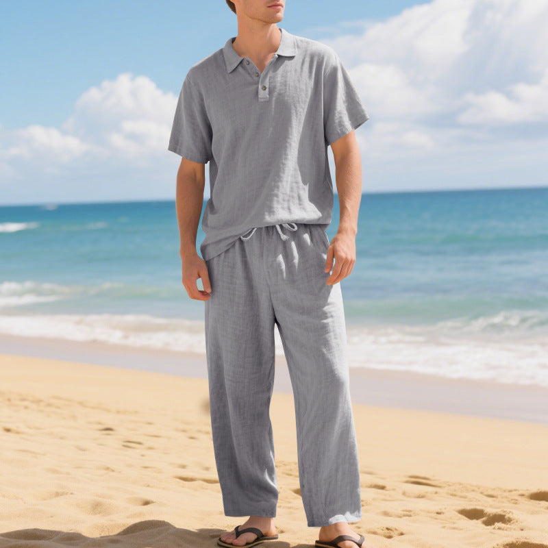 Men's airy linen ensemble with polo collar and adjustable waistband pants StylebySassy
