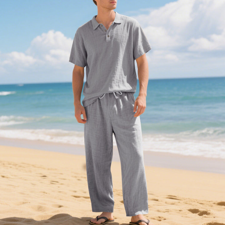 Men's airy linen ensemble with polo collar and adjustable waistband pants StylebySassy