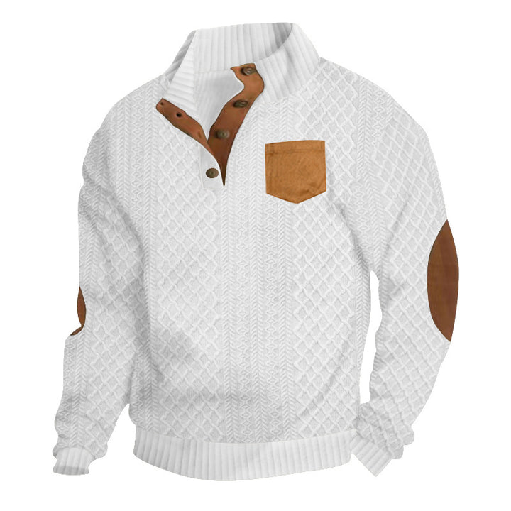 Men's cable-knit sweater with stand collar, button placket, patch breast pocket, and leather-look elbow patches StylebySassy
