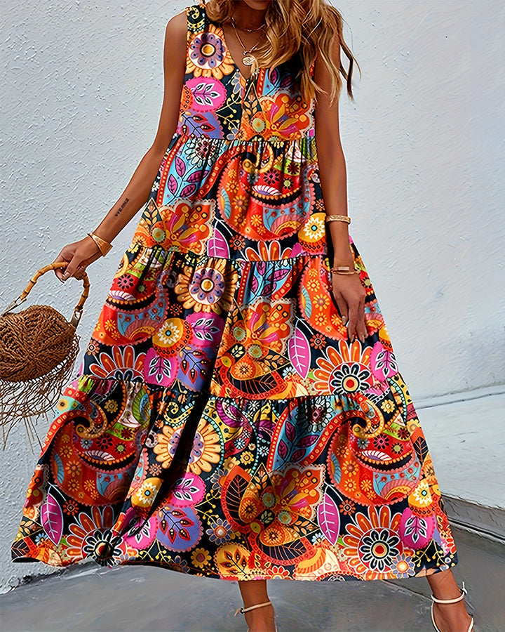 Women's layered Boho maxi dress with V-neck and gathered underbust seam StylebySassy