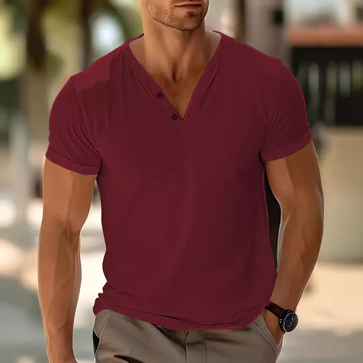 Men's short-sleeved Henley shirt with V-neck and two-button placket made of cotton blend StylebySassy