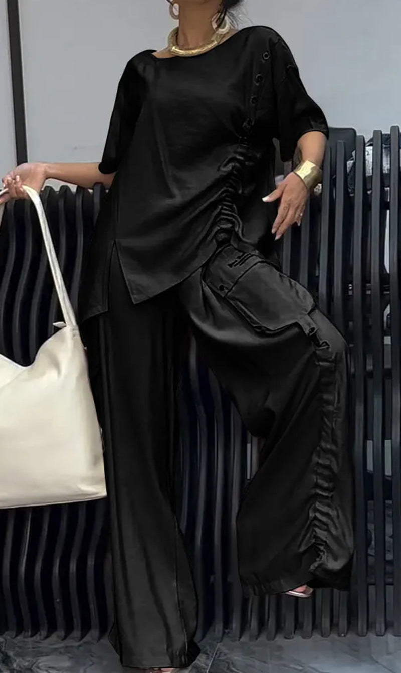 Women's nan legeres two-piece set with oversized round neck shirt, side gathering and wide cargo pants StylebySassy